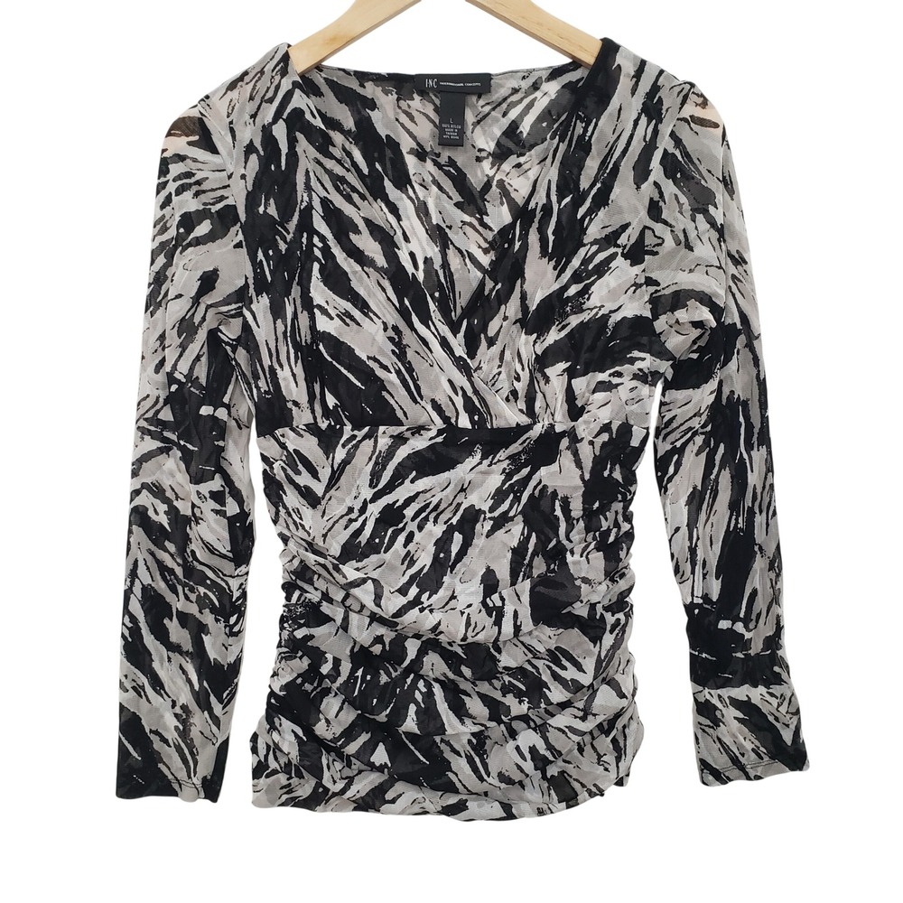 Y2K Vintage Womens Sheer Zebra Print Ruched V Neck Long‎ Sleeve Top L Goth Glam